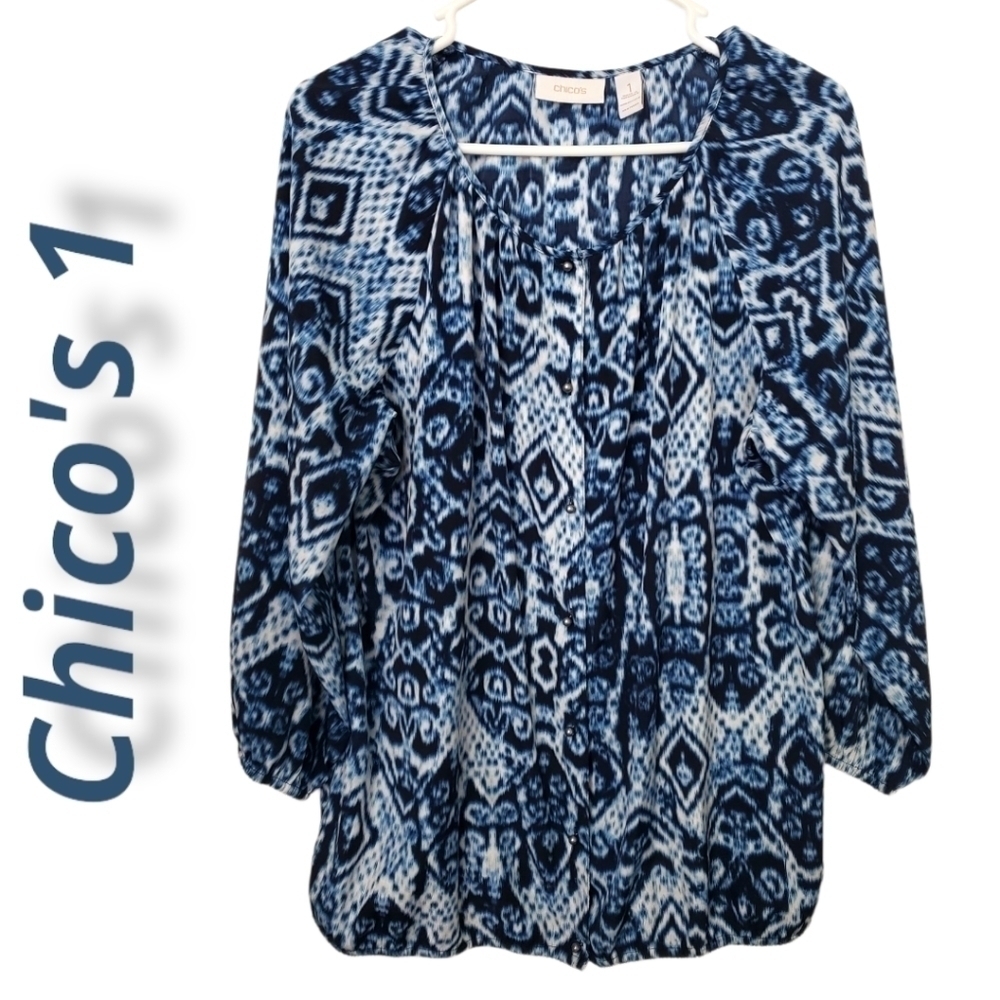 CHICO'S 1 Silky Pheasant Style Blouse Batik Design Navy White Silky Polyester EU